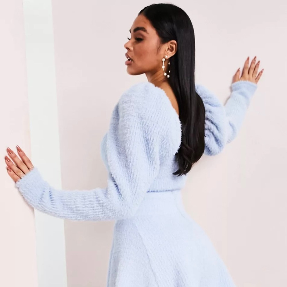 ASOS LUXE fluffy knitted puff sleeve cropped sweater in baby blue